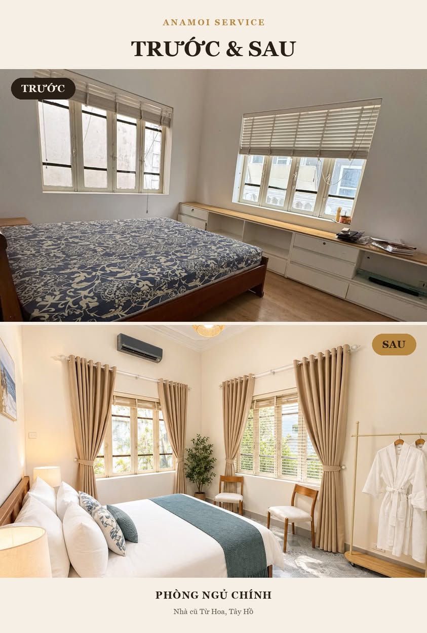 Trước và sau cải tạo phòng ngủ chính — nhà cũ Từ Hoa, Tây Hồ